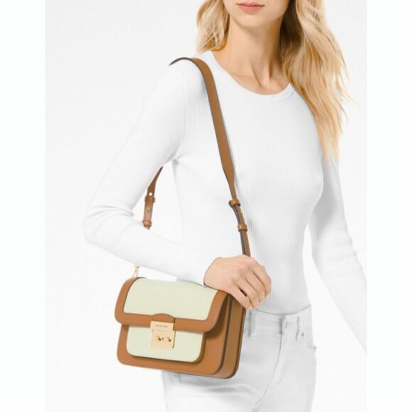New! MICHAEL KORS Sloan Editor Leather Canvas Crossbody Bag NWT Natural/Acorn - Picture 1 of 4